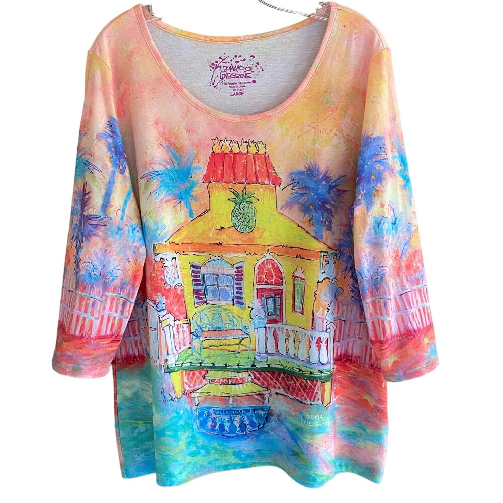Leoma Lovegrove Top Pineapple House Art to Wear Artsy 3/4 Sleeves Boho Size L